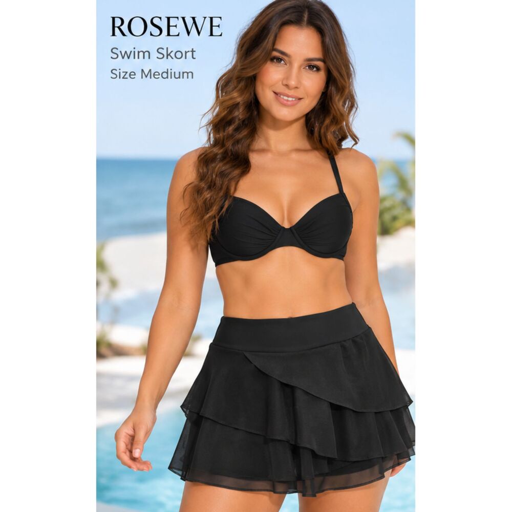 Rosewe Women's Black Layered Crossover Swim Skort Size Medium NWOT
